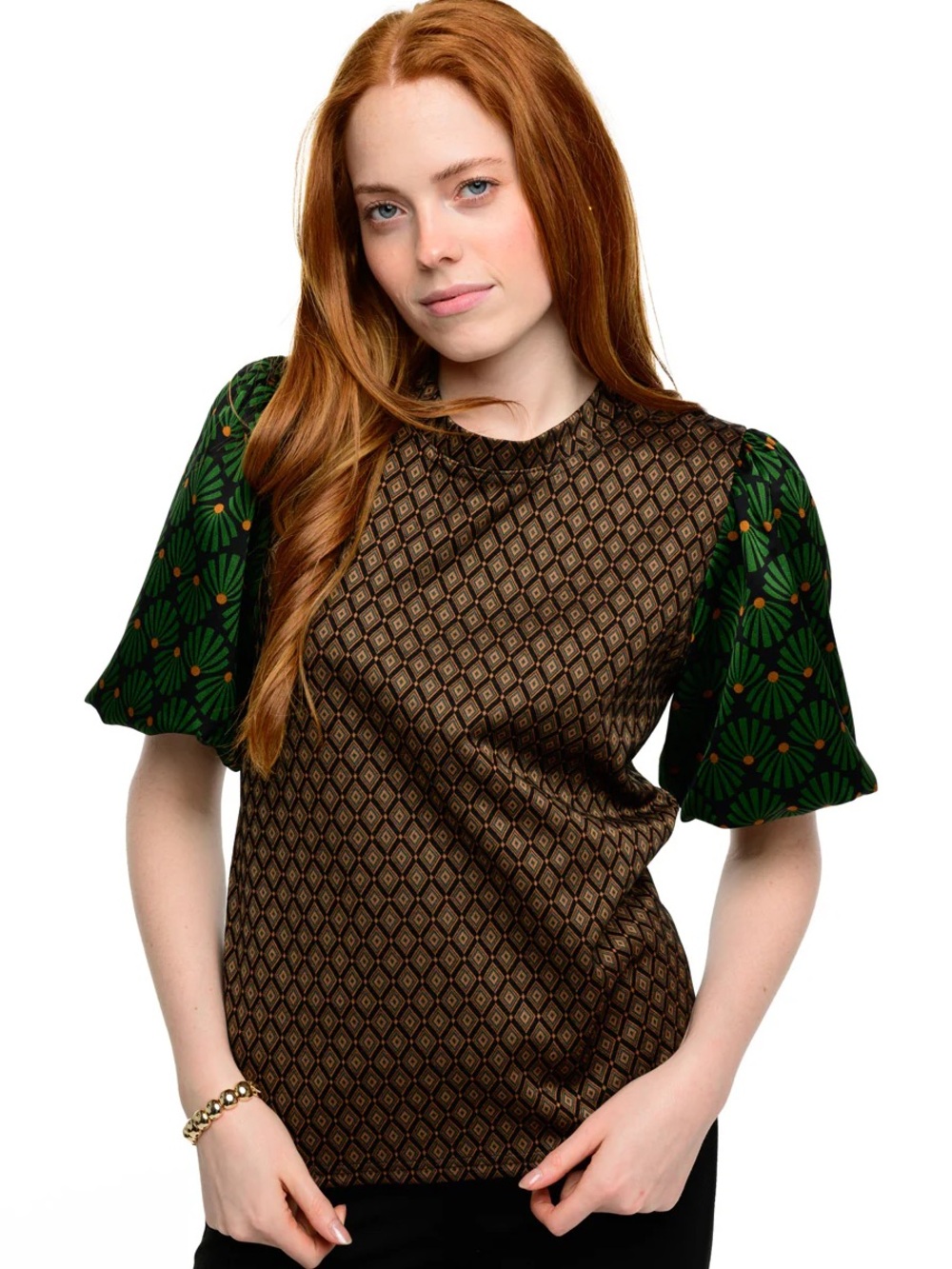 Ivy Jane Geo Print Top with Green Patterned Puff Sleeves